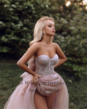 hulianfu  Sweet Dusty Pink Prom Dresses Off Shoulder Long Sleeves Princess Party Dresses Pleated Tulle A-Line Formal Evening Gowns