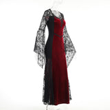 Gothic Dark Mesh Midi Dress Women Victorian Costume Velvet Robe Renaissance Witch Medieval Dresses Cosplay Wizard Halloween Y2k
