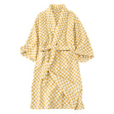 HULIANFU Luxurious Towels Plaid Retro Checkerboard Cotton Bathrobe Women Robe Soft Sleepwear Kimono Warm Bath Robes Coat Towel Homewear