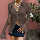 Hulianfu Autumn Women Sexy T Shirts Vintage Fashion V Neck Button Y2k See Through White Casual Long Sleeve Top Ladies