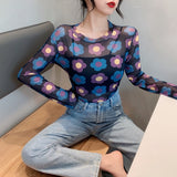 Hulianfu Angel Print Sheer Blue Black Mesh Long Sleeve Blouse Shirts Women Spring Summer Pullovers Elegant Sexy See Through Tops