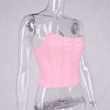 Hulianfu High Quality Summer Crop Top Women Fishbone Double Layer Pink PU Leather Sexy Crop Top Fashion Lady Clubwear Party