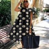 hulianfu Women Casual Vintage Petal Short Sleeve Dress Summer Loose Daisy Floral Print Beach Dress Elegant O Neck Party Dress Vestido