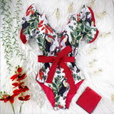 New Sexy Ruffle Print Floral One Piece Swimsuit Off The Shoulder Swimwear Women Solid Deep-V Beachwear Bathing Suit Monkini