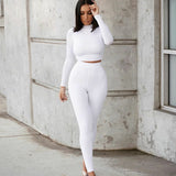 hulianfu Two Piece Sets Women Solid Autumn Tracksuits High Waist Stretchy Sportswear Hot Crop Tops And Leggings Matching Outfits