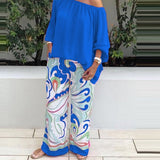 hulianfu Summer Women Casual Printed Slash Neck Long Sleeves Two-piece Suit Loose T-shirt Wide Leg Pants Suit Elegant Slim Home Party Set