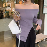 Hulianfu New Women's Slim Off-shoulder Full Sleeve T-shirts Girls Solid Stretchy Irregular Split Tshirt Tops Slash Neck Tees