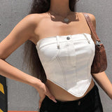 Hulianfu White Strapless Cropped Tube Top Women Sexy Backless Boob Tube Crop Tops Zipper Black Thread Camisole Summer
