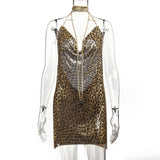 hulianfu Handmade Backless Sequin Metal Mesh Dress Women Chain Halter Rhinestone Chain Slit Night Club Birthday Party Dress Mini
