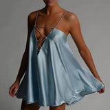 JillPeri Diamante Chain Satin Low Back Swing Dress with Iridescent Crystal Straps and Neck Sexy Celebrity Party Club Dresses