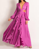 hulianfu Ellafads Woman Dress  High Waist V-neck Women's Dress Pleated Solid Color Ruffled Dress Dresses For Women
