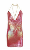 hulianfu Handmade Backless Sequin Metal Mesh Dress Women Chain Halter Rhinestone Chain Slit Night Club Birthday Party Dress Mini