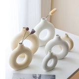 HULIANFU Nordic Vase Circular Hollow Ceramic Donuts Flower Pot Home Living Room Decoration Accessories Interior Office Desktop Decor Gift
