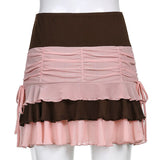 Hulianfu Y2K Aesthetic Pleated Skirts Women Low Waist Ruffles Mini Skirt Patchwork Pink Mesh Cute Kawaii Brown Bodycon Vintage Clothes