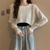 Hulianfu New Autumn Women Solid Sweater O-Neck Loose Sweater Pullover Crop Top Sweaters Shirts Femme Knit Outwear Jumpers