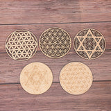 HULIANFU Log Color Chakra Pattern Round Edge Circles Carved Wooden Stand Coaster Flower of life Reload Stone Kitchen Hot Pad Mat Decor