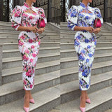 hulianfu Autumn Women Fashion Sexy Slim Stand Collar Long Sleeve Lace Up Printed Simple Temperament Dress