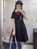 hulianfu Harajuku Sailor Collar Navy Dress Japanese Lolita Sweet Bow-knot Girl Retro Cotton Kawaii Preppy Style Short Sleeve Dress Women