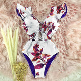 New Sexy Ruffle Print Floral One Piece Swimsuit Off The Shoulder Swimwear Women Solid Deep-V Beachwear Bathing Suit Monkini