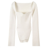 Hulianfu Spring Women's Sweater Square Neck Long Sleeve Knitted Sweater Pullover Jumper Fashion Elegant Knit Top White Black