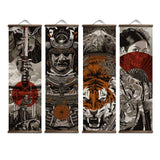 HULIANFU Japanese Samurai Ukiyoe Tiger Canvas Poster Pictures for Living Room Home Decor Painting Wall Art with Solid Wood Hanging Scroll