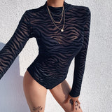 Hulianfu Black Mesh Transparent Sexy Bodysuit Long Sleeve Slim Skinny Stripe Mock Neck Casual Rompers Women Lady Party Club Body