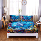 HULIANFU Seafloor Animals Digital Printed 3pc Polyester  Fitted Sheet Mattress Cover Four Corners with Elastic Band Bed Sheet Pillowcases