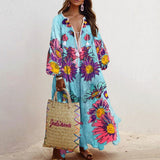 hulianfu Spring Elegant Floral Print Tassel Long Party Dress Vintage Long Lantern Sleeve Ladies Dresses Women V Neck Casual Loose Dress
