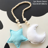 HULIANFU Nordic Boho Room Decor Double Star Moon Wooden Beads Cotton Hanging Wall Decoration Kawaii Kids Baby Bedroom Living Room Decor