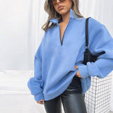 Spring Autumn Casual Solid Color Sweatshirts Women All-Match Simple Tops Pullovers Fashion Zipper Long Sleeve Loose Sweatshirt