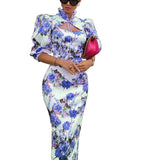 hulianfu Autumn Women Fashion Sexy Slim Stand Collar Long Sleeve Lace Up Printed Simple Temperament Dress