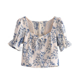 Hulianfu French Vintage Square Collar Puff Sleeve Folds Lace-Up Shirt Zipper Female Floral Print Summer New Fashion Crop Tops Women