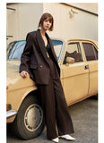 AEL Vintage Autumn Winter Women Pant Suit Dark Brown Loose Blazer Jacket & Wide Leg Pants   Office Suits Female Sets