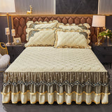 HULIANFU Luxury Super Soft Crystal Velvet Fleece Lace Ruffles Quilted Bed Skirt Mattress Cover Bedspread Pillowcase Bedding Home Textiles