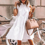 Hulianfu Fashion Ruffles Collar White Loose Beach Woman Dress Summer Casual Boho Sleeveless Big Hem Ladies Dresses For Women Robe