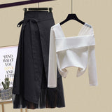 Hulianfu Women Sets Mesh Patchwork Slash Neck Tops + Asymmetric Skirt 2 Piece Suit Female Party Suits Elegant Casual Two Piece Set