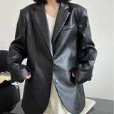 Hulianfu Autumn and winter women's casual solid color single-breasted pocket decoration loose PU jacket