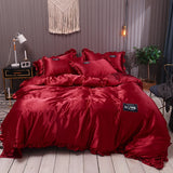 HULIANFU Pure Satin Silk Bedding Set Lace Luxury Duvet Cover Set Single Double Queen King Size 240x220 Couple Quilt Covers White Gray Red