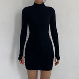 Hulianfu Autumn Fashion Sexy Solid Turtleneck Skinny Mini Dress Women Rib Knit Keep Warm Long Sleeve Slim Dress Streetwear