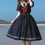 hulianfu Harajuku Sailor Collar Navy Dress Japanese Lolita Sweet Bow-knot Girl Retro Cotton Kawaii Preppy Style Short Sleeve Dress Women