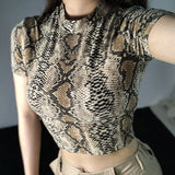 Hulianfu Sexy Crop Top Women Snake Print Tank Top Slim Primer High Collar Vest Harajuku Crop Tank Top T Shirt Femme Girls Camis Tops