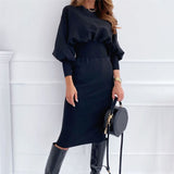 Hulianfu Fashion O-neck Long Sleeve Pencil Dress Women Autumn Winter Black Pink Bodycon Elegant Office Woman Dresses Robe Femme