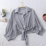 Hulianfu Chiffon Shirts Women Summer Half Sleeve Buttoned Up Shirt Loose Casual Blouse Tied Waist Elegant Blouses For Women