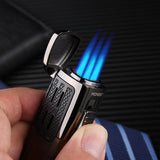 HULIANFU Metal Windproof Spray Gun Gas Lighter Smoking Four FlamesTorch 1300 C Multifunction Cigar Butane Lighters With Cigar Cutter