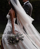 hulianfu Sheer Lace 3D Flowers Applique Wedding Dresses Strapless Split Tulle Dark Grey Silver Beach Boho Bridal Gowns with Crystals