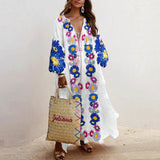 hulianfu Spring Elegant Floral Print Tassel Long Party Dress Vintage Long Lantern Sleeve Ladies Dresses Women V Neck Casual Loose Dress