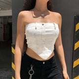 Hulianfu White Strapless Cropped Tube Top Women Sexy Backless Boob Tube Crop Tops Zipper Black Thread Camisole Summer