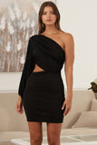 Vintage Long Sleeve Party Dress Women Summer  One Shoulder Cut Out Bodycon Dress Sexy Mini Birthday Dress Orange Blue