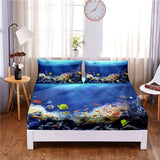 HULIANFU Seafloor Animals Digital Printed 3pc Polyester  Fitted Sheet Mattress Cover Four Corners with Elastic Band Bed Sheet Pillowcases