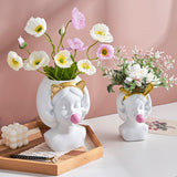 HULIANFU Resin Vase Nordic Modern Home Decoration Cute Girl Blowing Bubbles Decorative Head Carving Flower Vases Pen Holder Vase Flowers